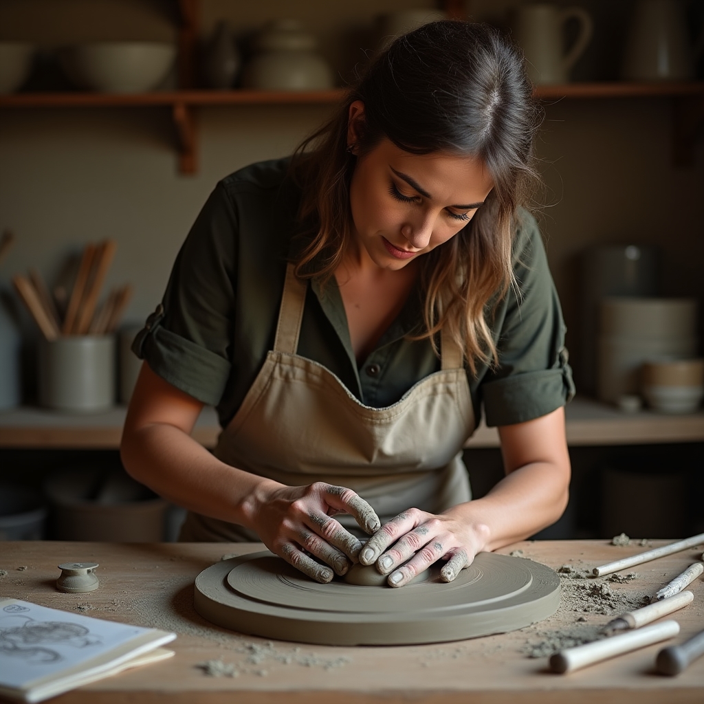 Studente che modella argilla a mano durante un corso di ceramica