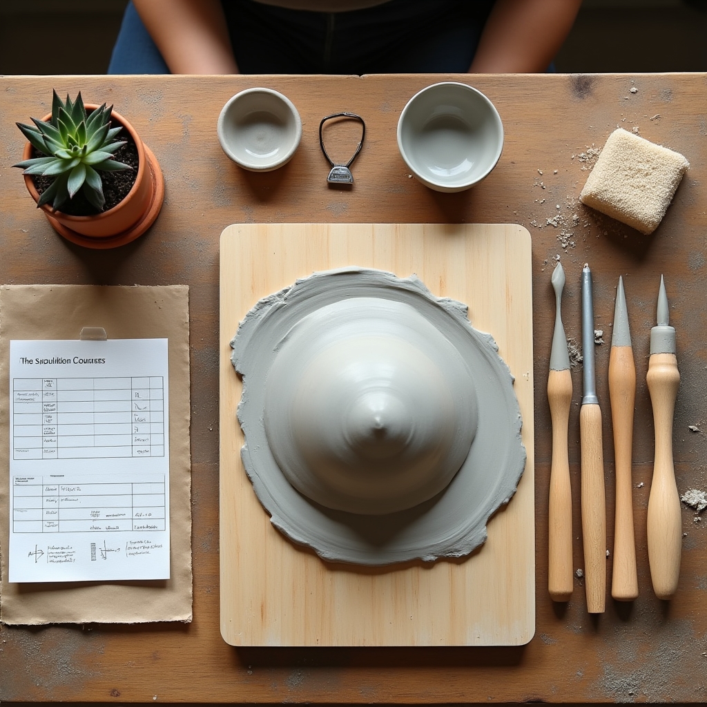 Tavolo da lavoro ceramica con strumenti disposti ordinatamente per un corso