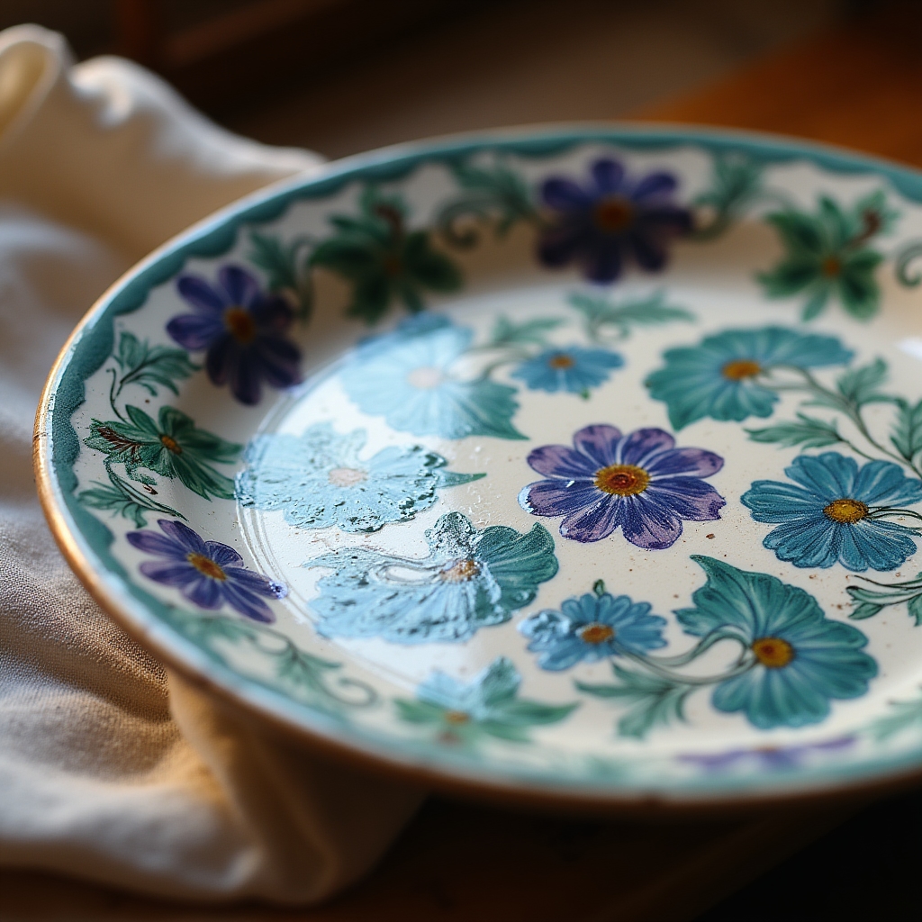 Dettaglio di ceramica decorativa italiana con glazura tradizionale toscana