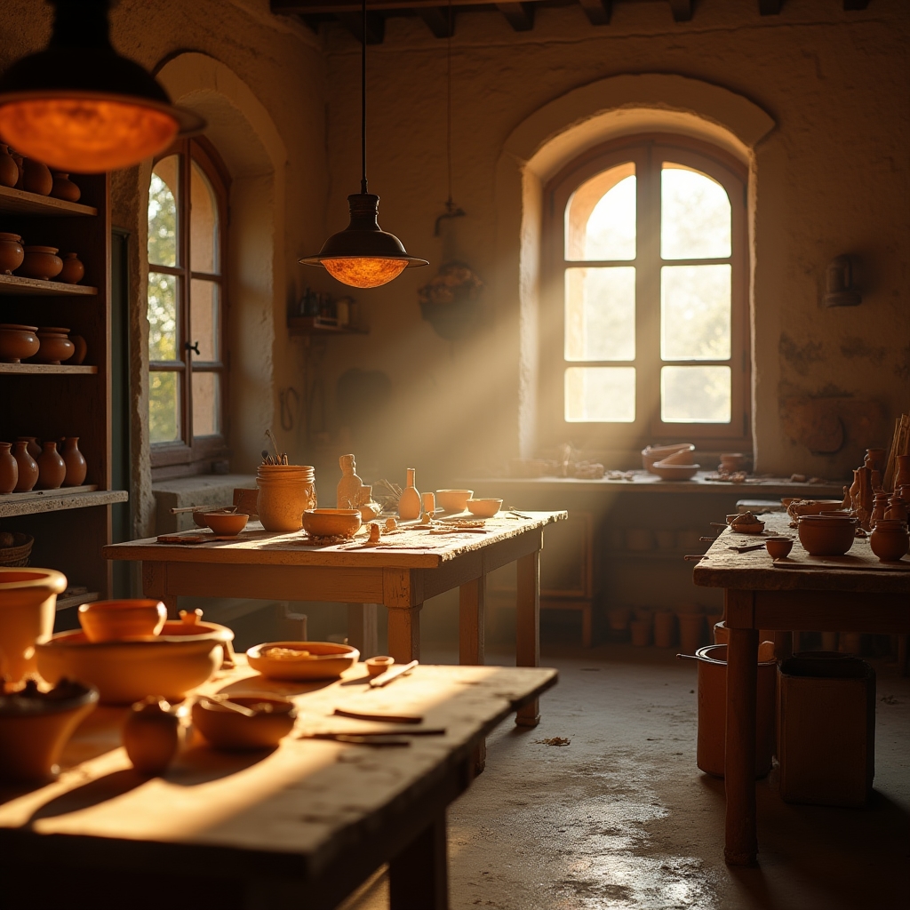 Studio di ceramica tradizionale italiana con tornio e argilla a Firenze