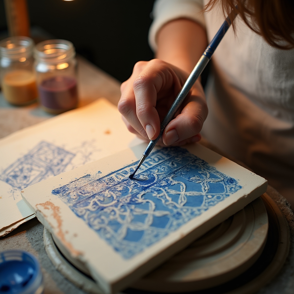Decorazione con pennello e glazura su ceramica al biscotto