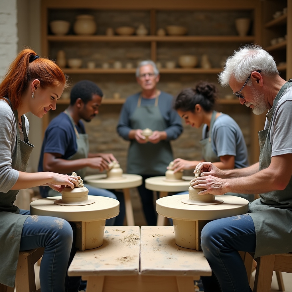 Studenti che lavorano al tornio durante un corso di ceramica a Firenze