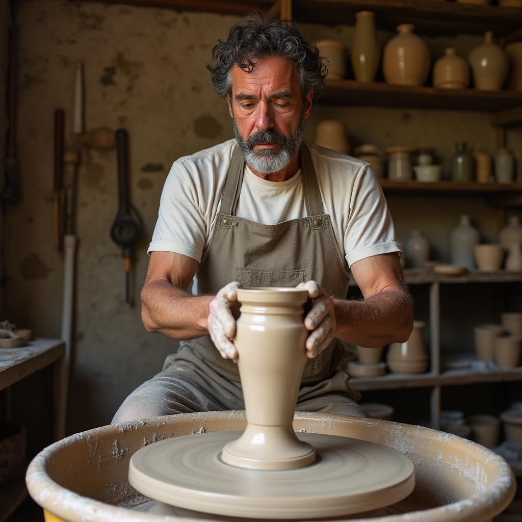 Ceramista al tornio in studio tradizionale fiorentino